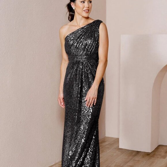 Revelry Starla Black Sequin One Shoulder Maxi Dress Size 6 - Picture 1 of 10